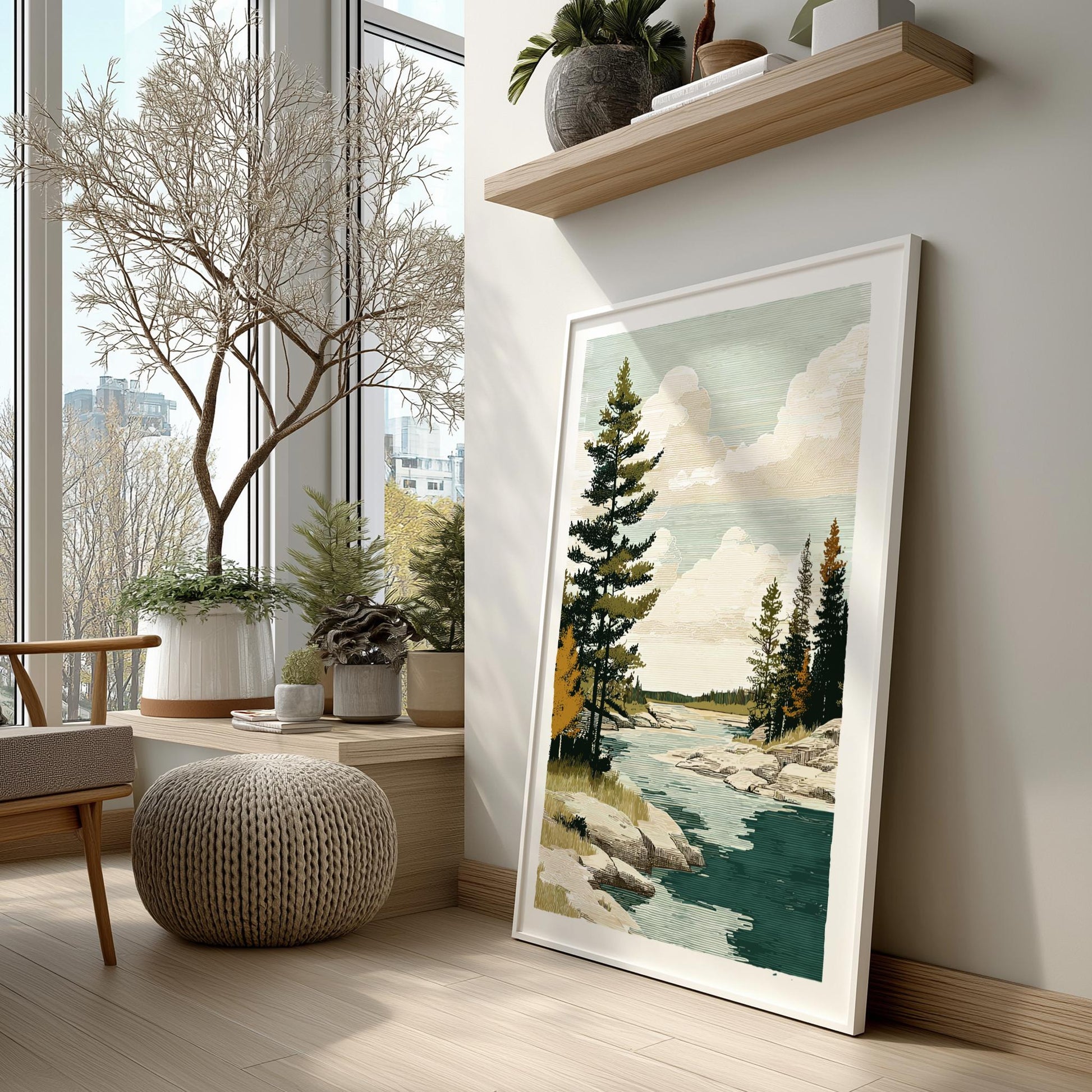 Framed nature print on a wall in a room with a large window, plants, and a wooden shelf.