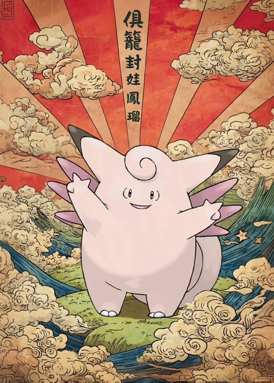Clefable Pokemon character standing on a mountain with clouds and a red sky