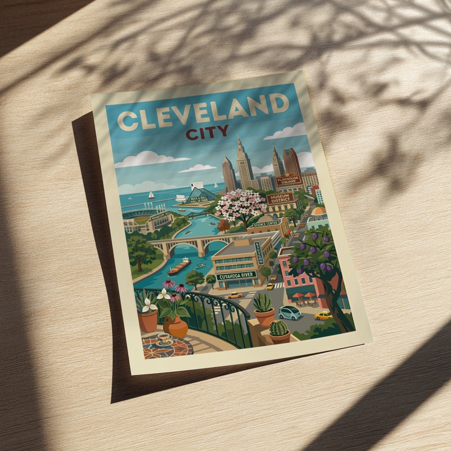 Cleveland city skyline illustration poster with Cuyahoga River and landmarks, featuring a retro art style.