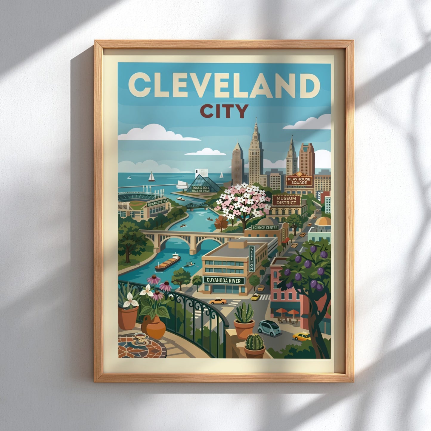 Cleveland city skyline illustration poster with Cuyahoga River and landmarks, featuring a retro art style.