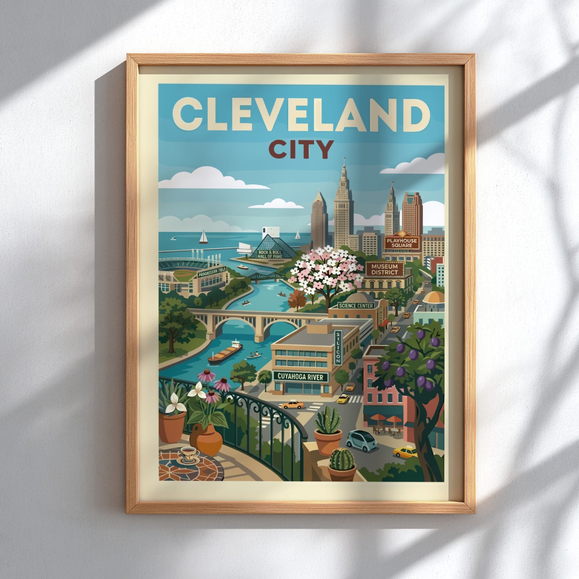 Cleveland city skyline illustration poster with Cuyahoga River and landmarks, featuring a retro art style.