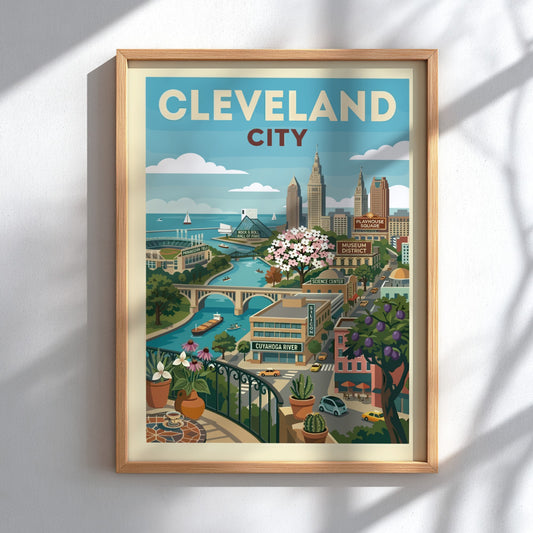Cleveland city skyline illustration poster with Cuyahoga River and landmarks, featuring a retro art style.
