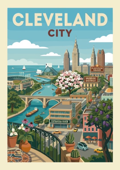 Cleveland city skyline illustration poster with Cuyahoga River and landmarks, featuring a retro art style.