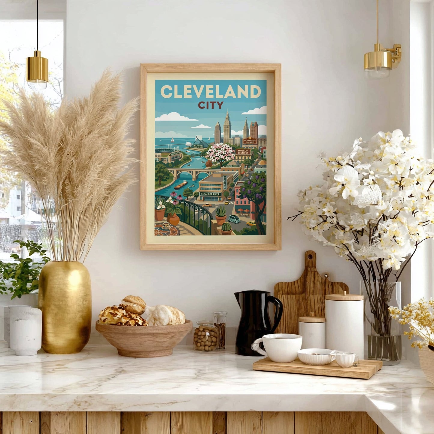 Cleveland city skyline illustration poster with Cuyahoga River and landmarks, featuring a retro art style.