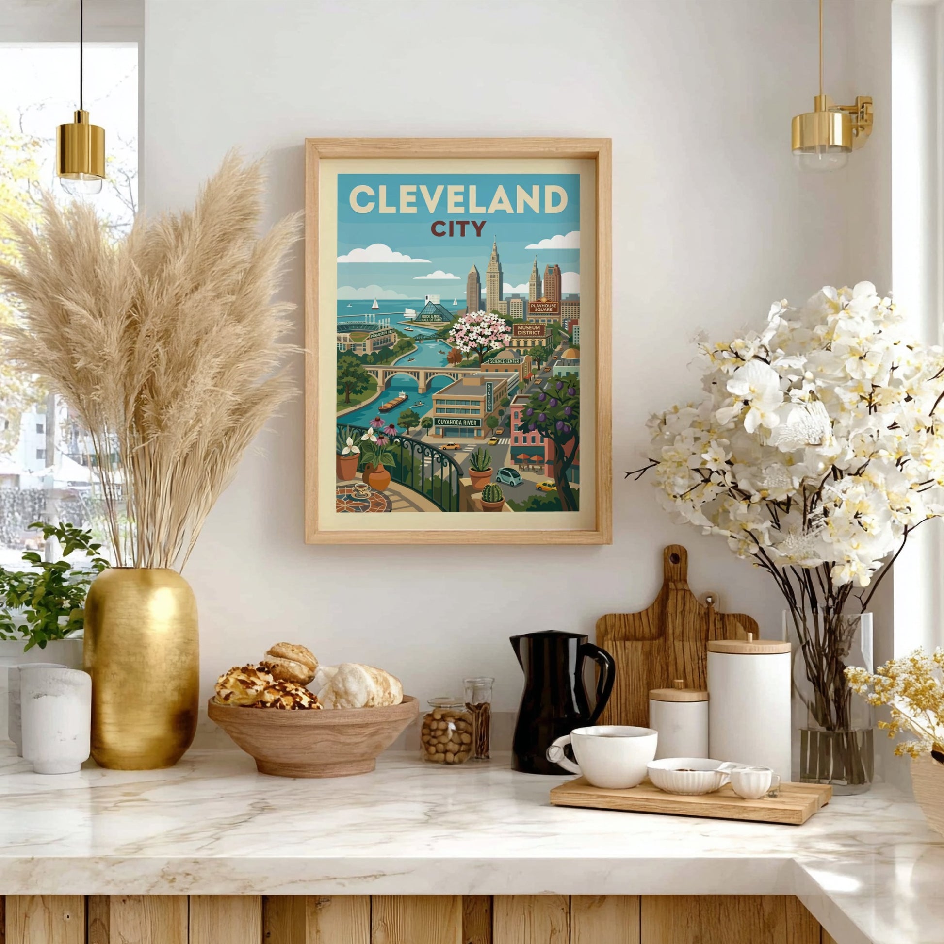 Cleveland city skyline illustration poster with Cuyahoga River and landmarks, featuring a retro art style.