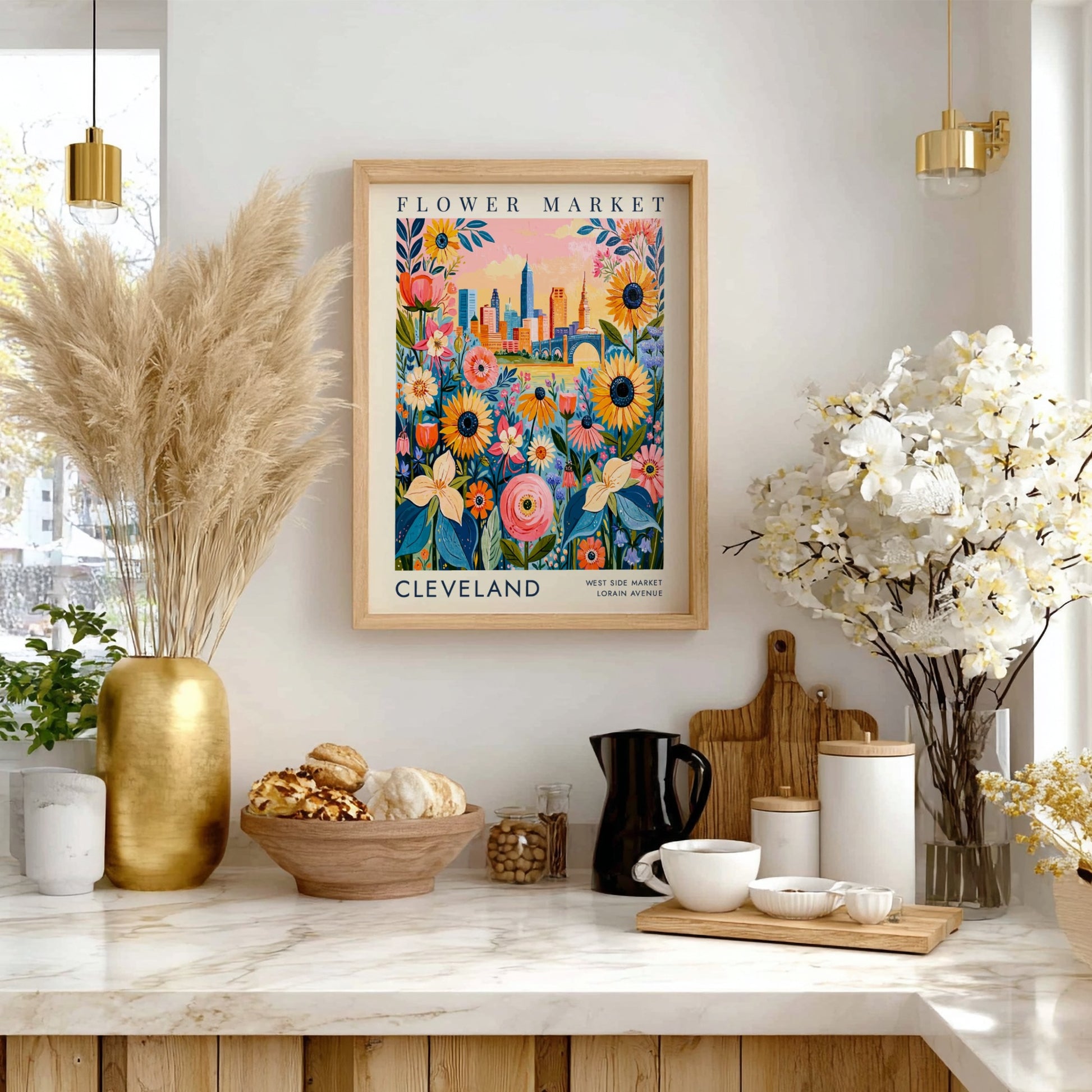Flower market poster featuring colorful flowers and Cleveland city skyline