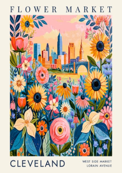 Flower market poster featuring colorful flowers and Cleveland city skyline