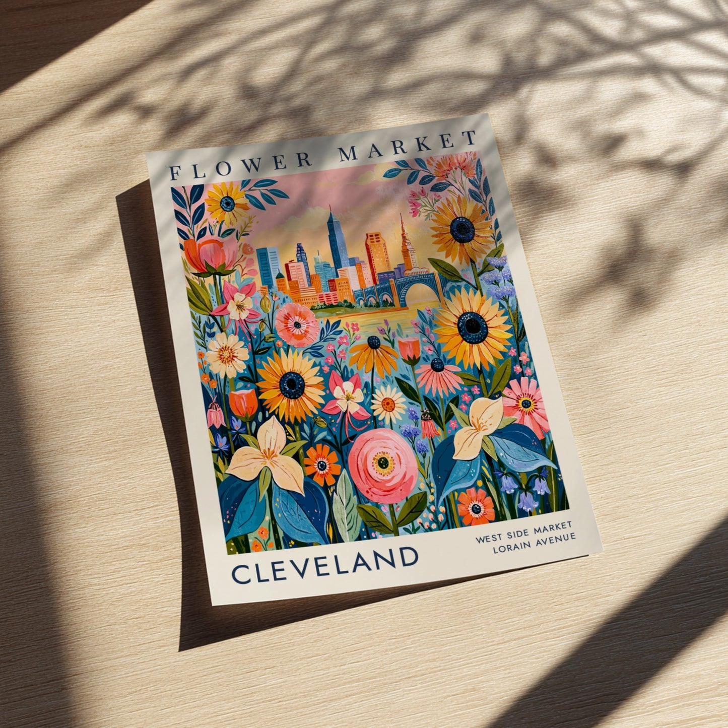 Flower market poster featuring colorful flowers and Cleveland city skyline