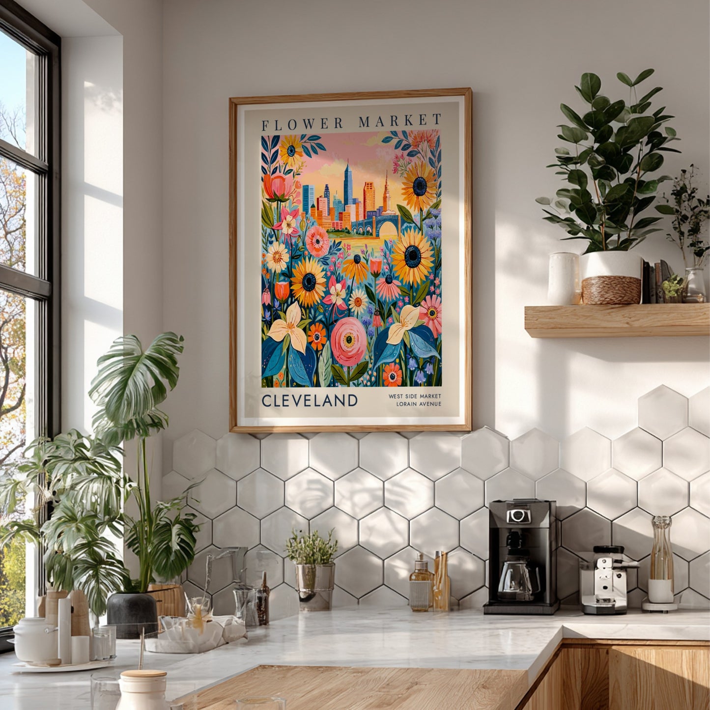 Flower market poster featuring colorful flowers and Cleveland city skyline