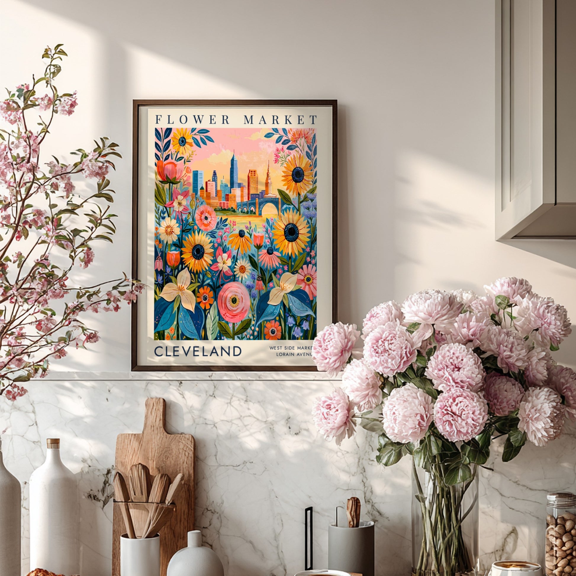 Flower market poster featuring colorful flowers and Cleveland city skyline