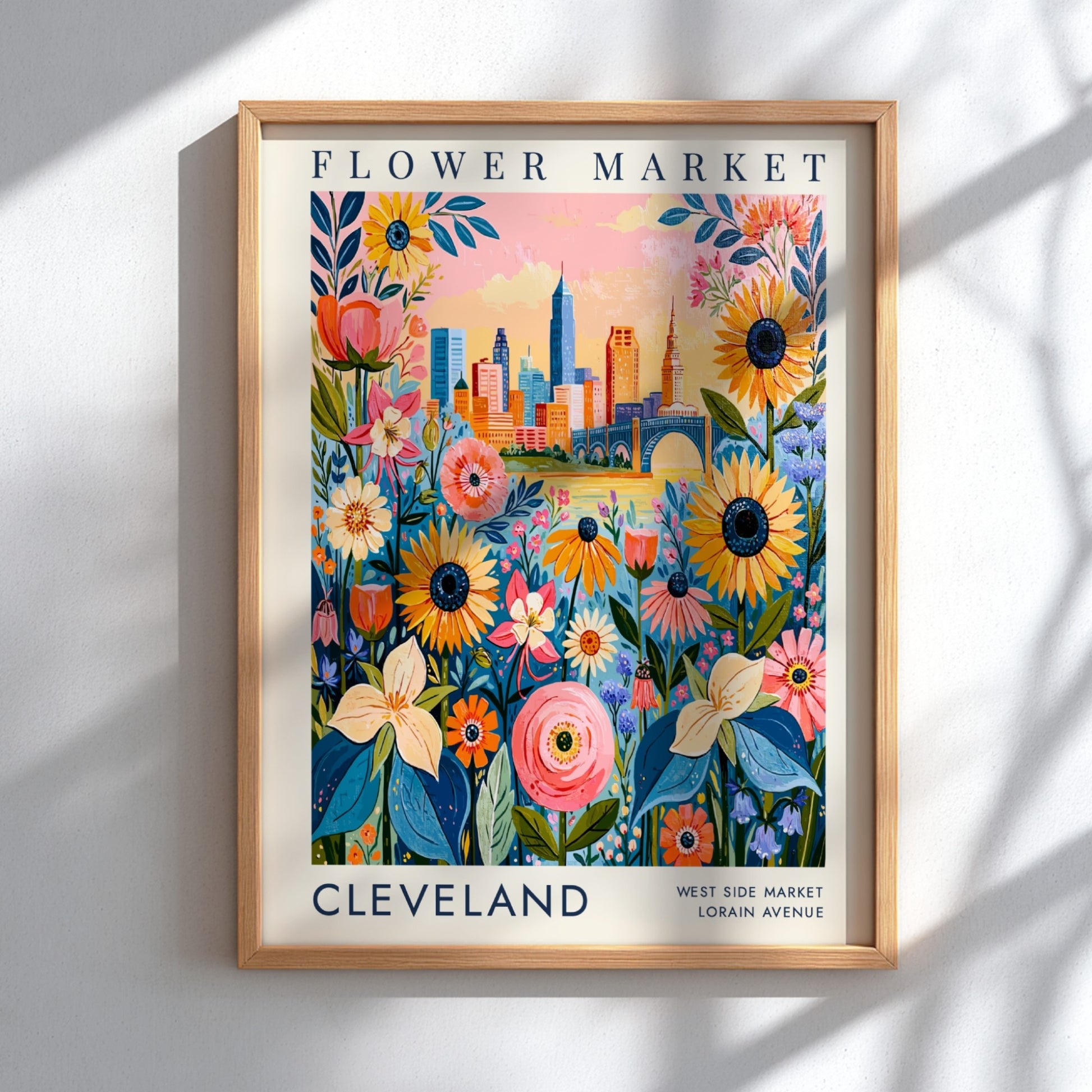 Flower market poster featuring colorful flowers and Cleveland city skyline