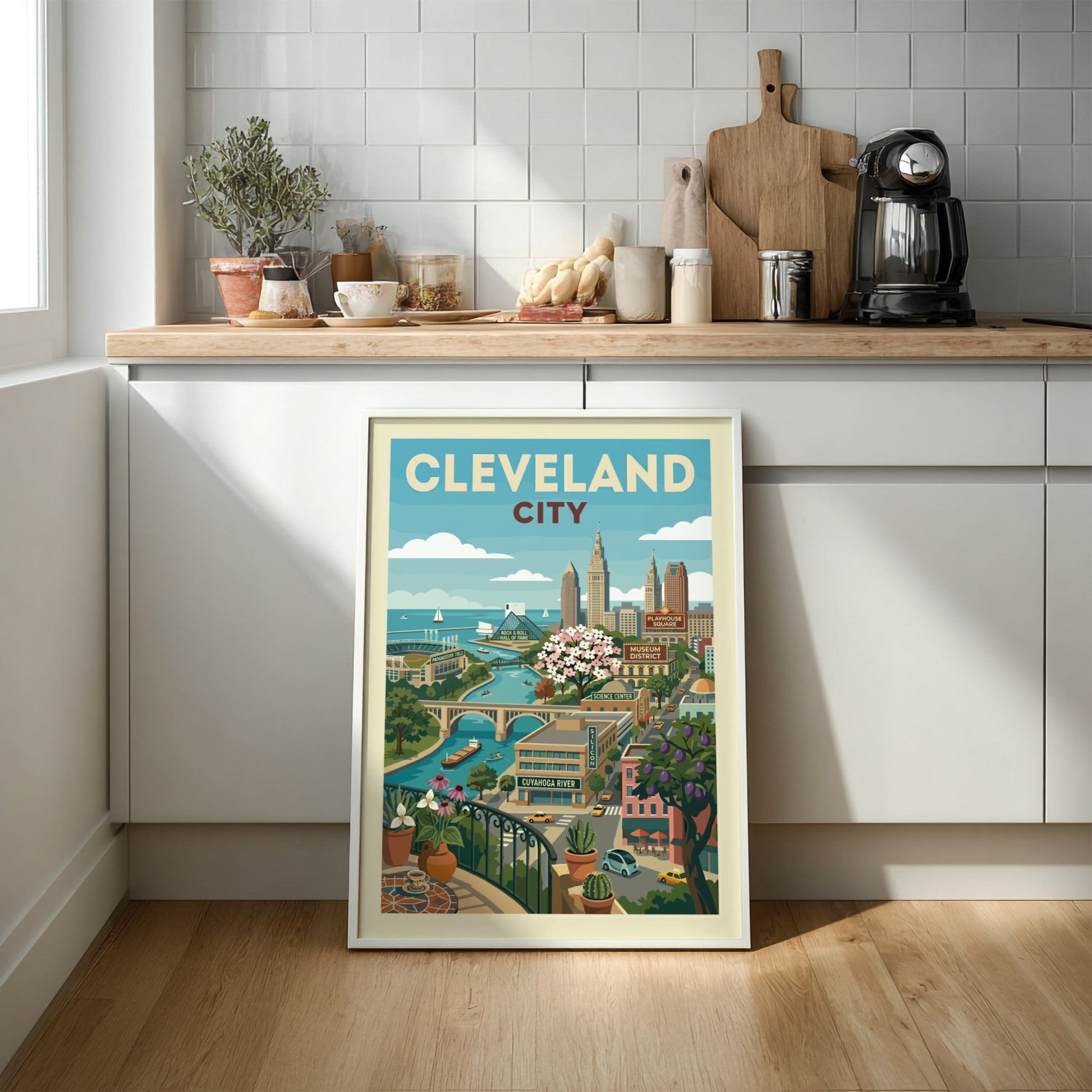 Cleveland city skyline illustration poster with Cuyahoga River and landmarks, featuring a retro art style.