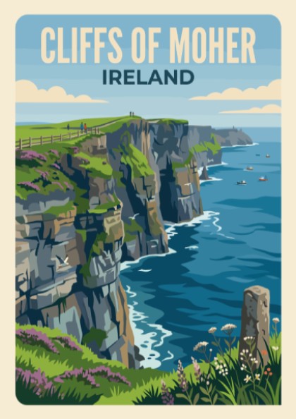 Cliffs of Moher Ireland travel poster showing rugged green cliffs above blue ocean