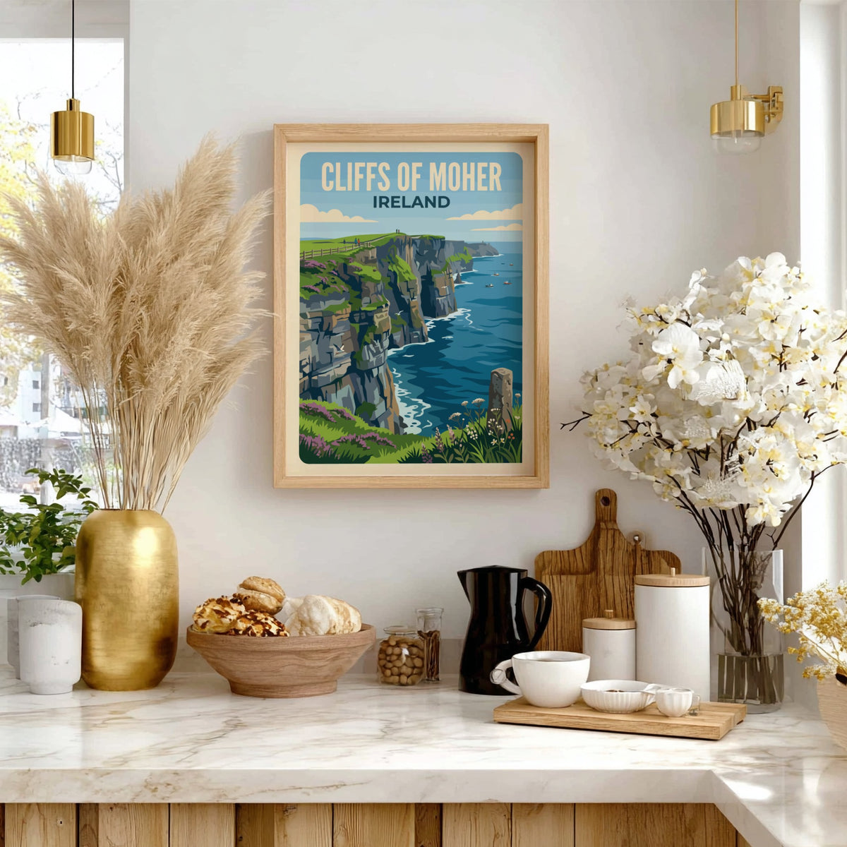 Cliffs of Moher Ireland travel poster showing rugged green cliffs above blue ocean
