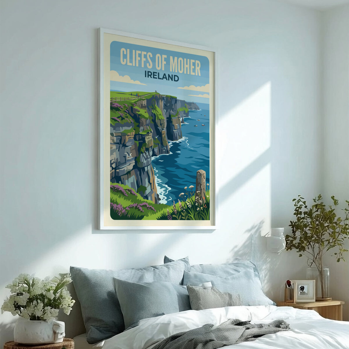 Cliffs of Moher Ireland travel poster showing rugged green cliffs above blue ocean