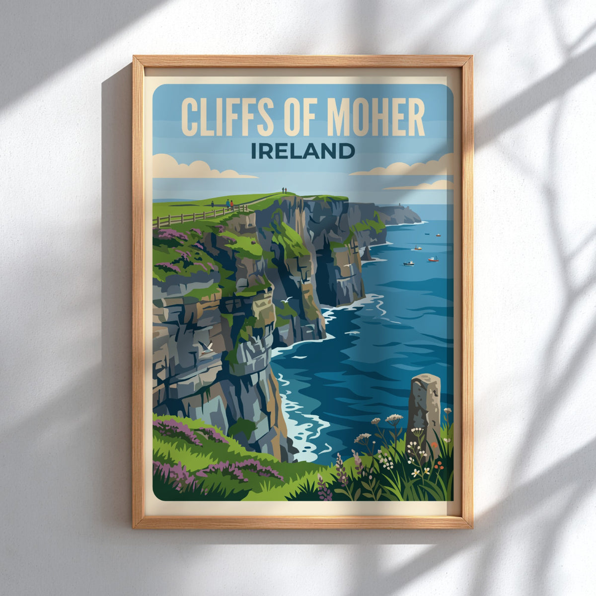 Cliffs of Moher Ireland travel poster showing rugged green cliffs above blue ocean