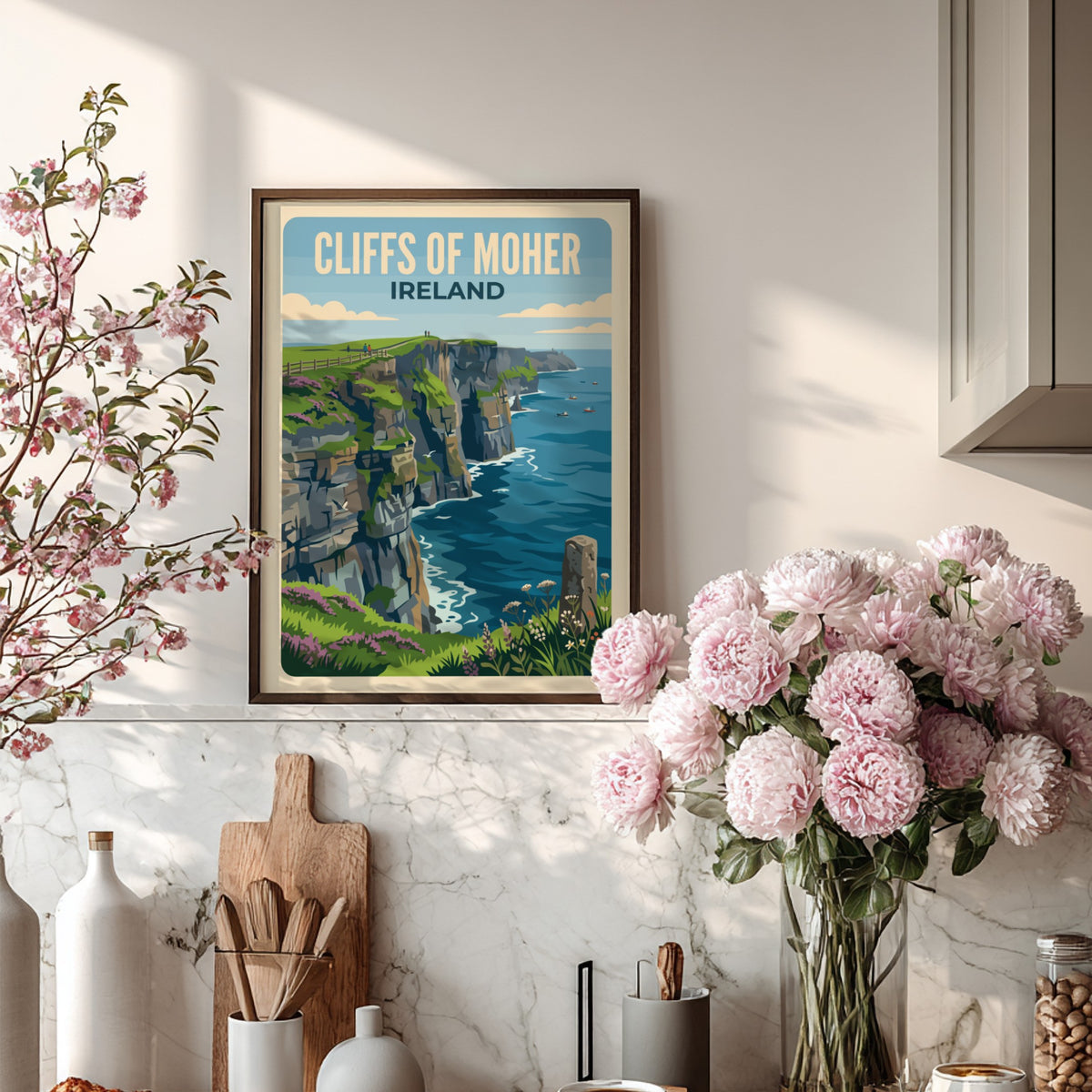 Cliffs of Moher Ireland travel poster showing rugged green cliffs above blue ocean
