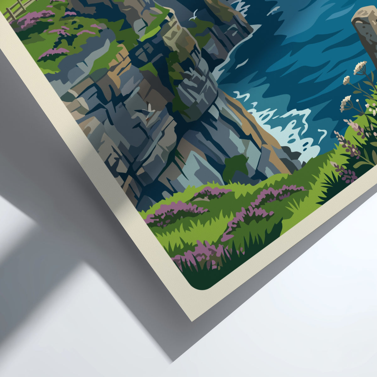 Cliffs of Moher Ireland travel poster showing rugged green cliffs above blue ocean