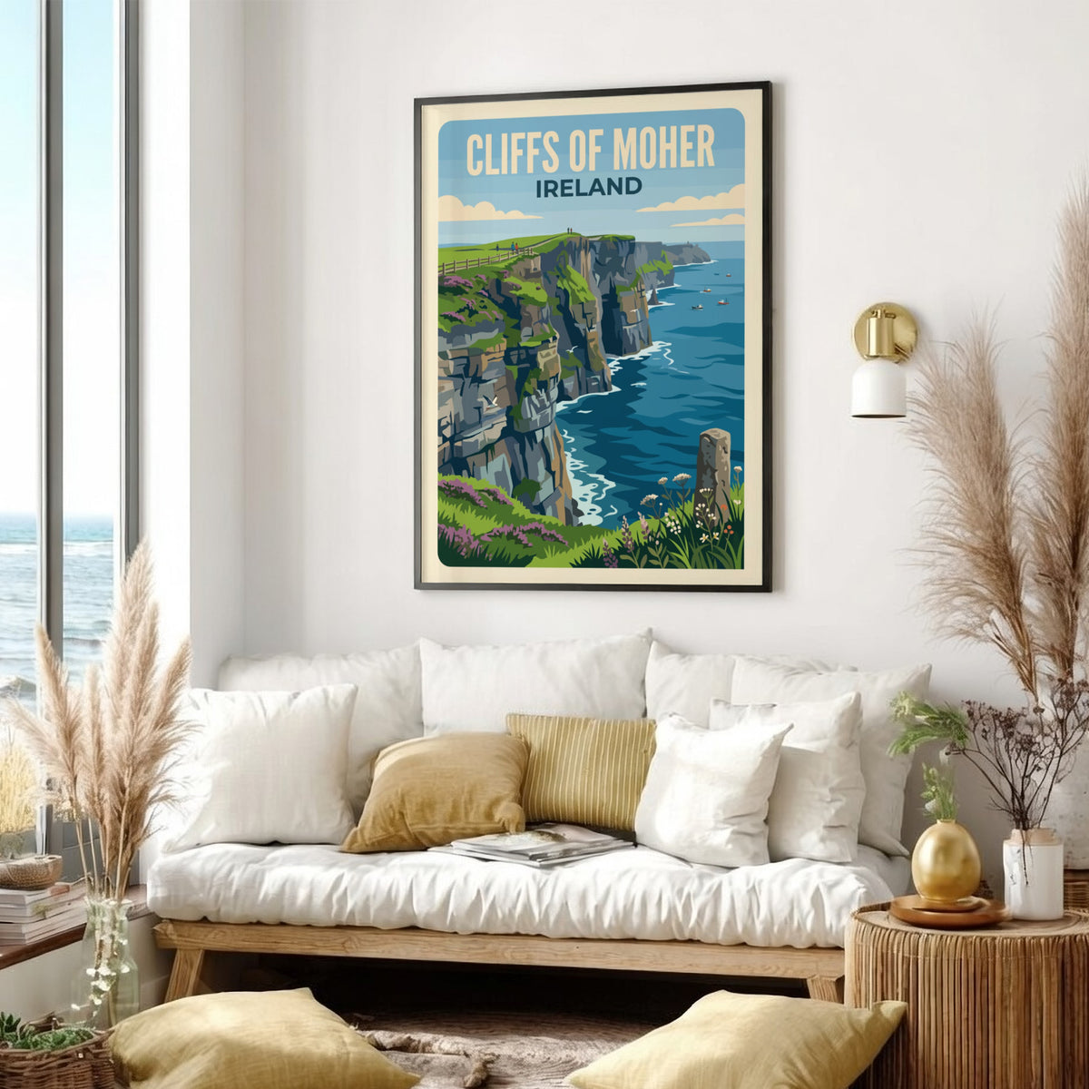 Cliffs of Moher Ireland travel poster showing rugged green cliffs above blue ocean
