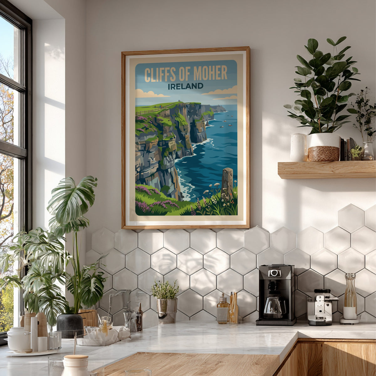Cliffs of Moher Ireland travel poster showing rugged green cliffs above blue ocean