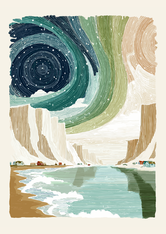 Illustration of a beach scene with a large wave and starry night sky.