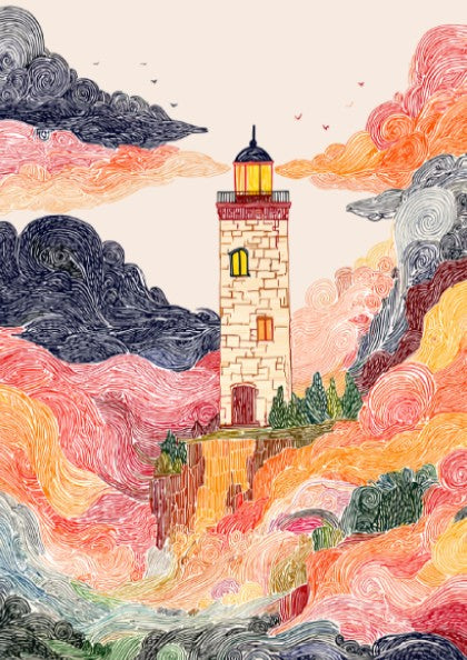 Cliffside Lighthouse poster with swirling colorful clouds and a textured, illustrative style.