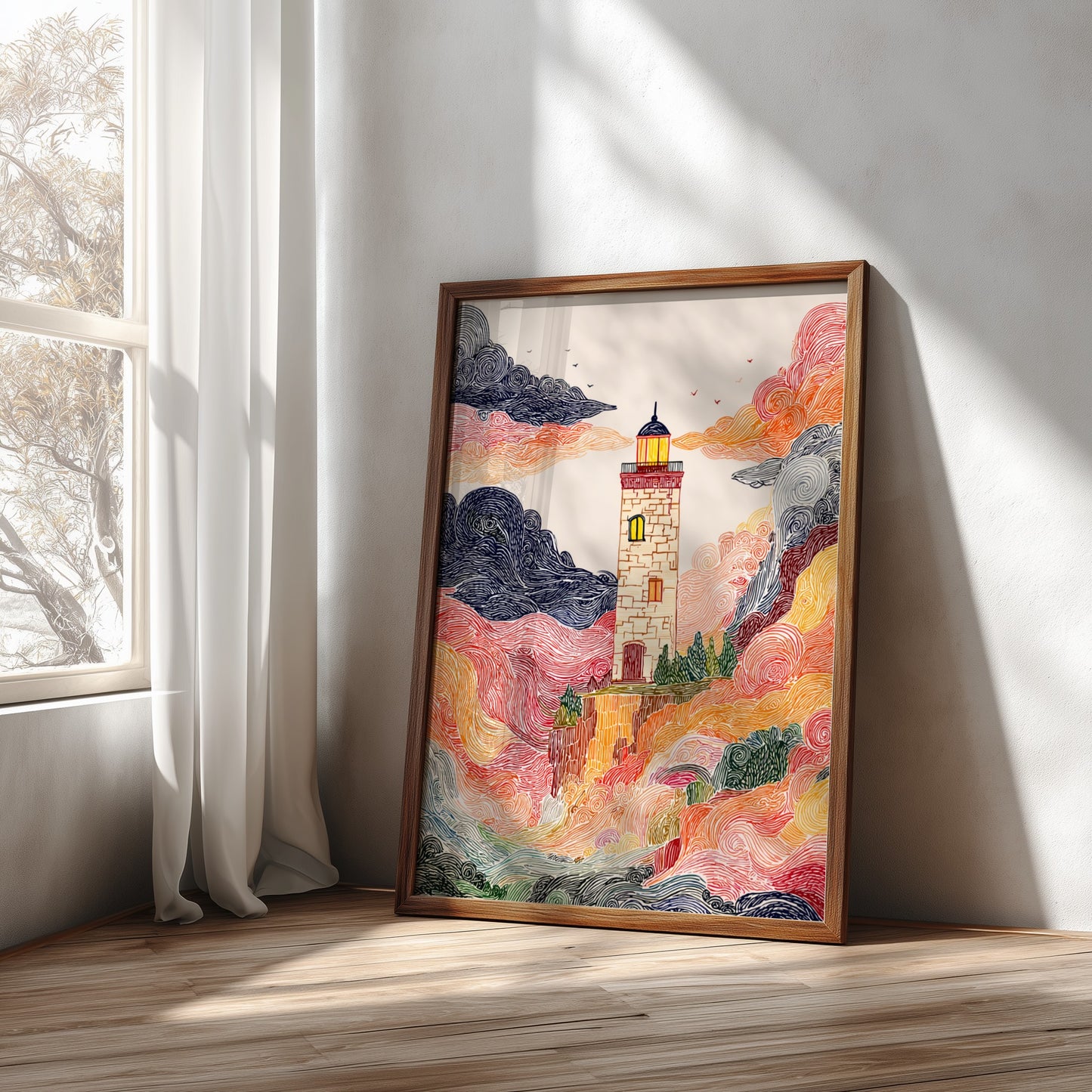Cliffside Lighthouse poster with swirling colorful clouds and a textured, illustrative style.