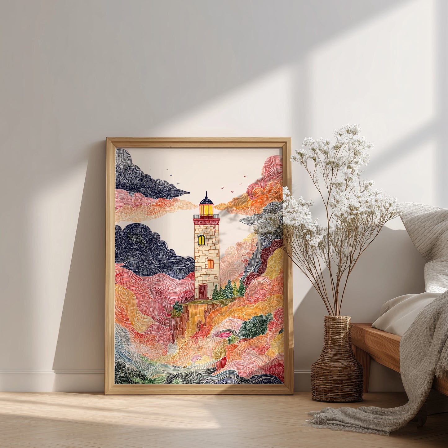 Cliffside Lighthouse poster with swirling colorful clouds and a textured, illustrative style.