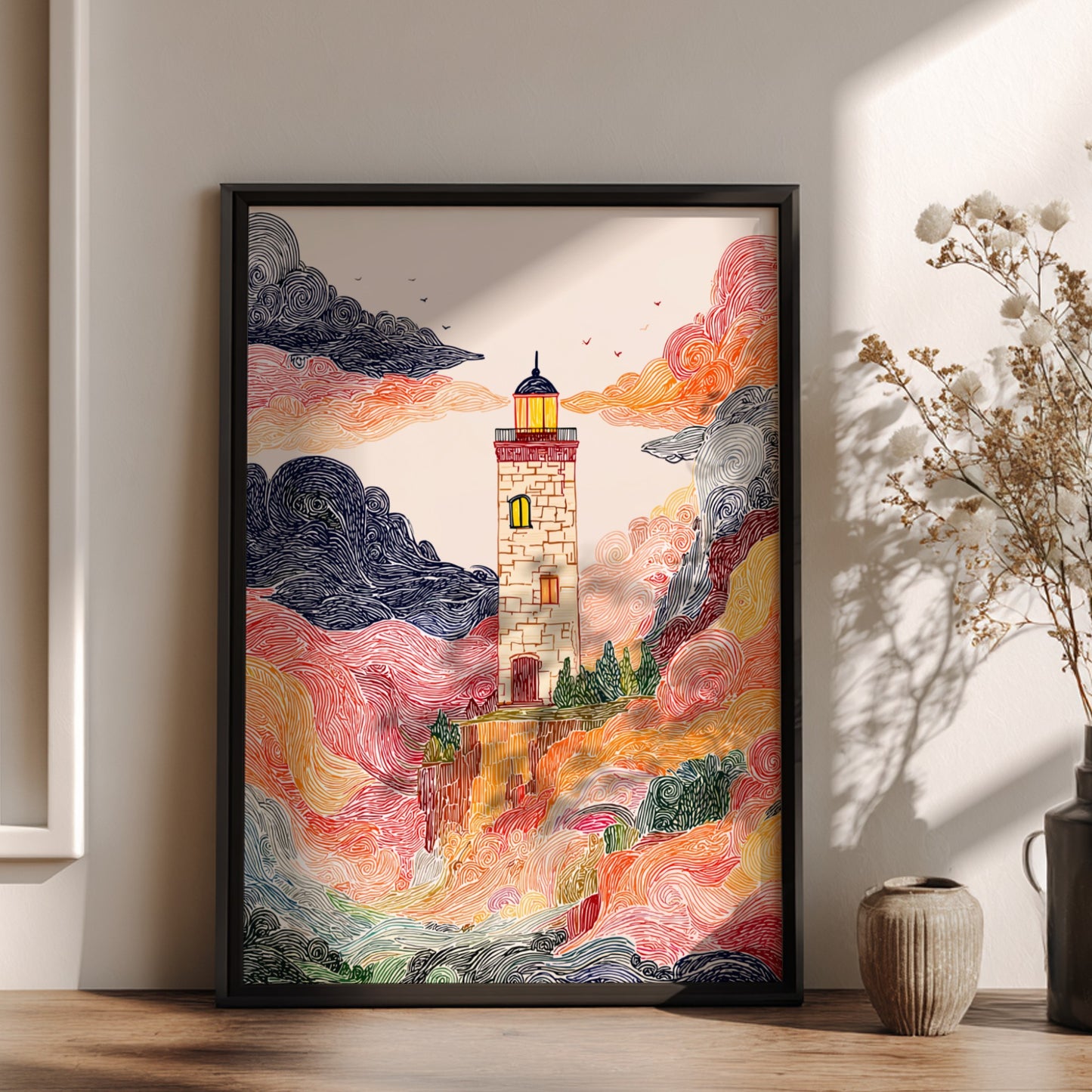 Cliffside Lighthouse poster with swirling colorful clouds and a textured, illustrative style.