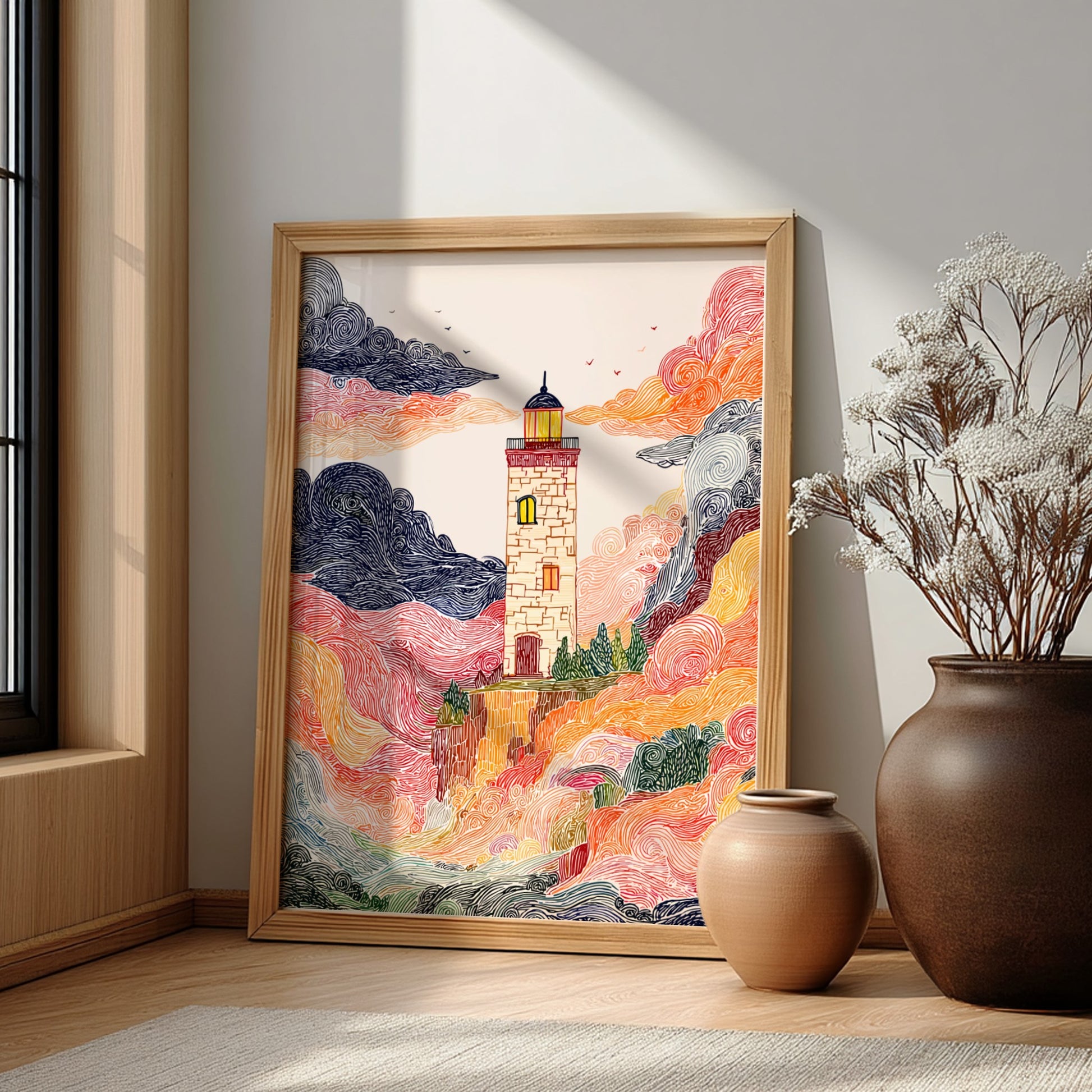 Cliffside Lighthouse poster with swirling colorful clouds and a textured, illustrative style.