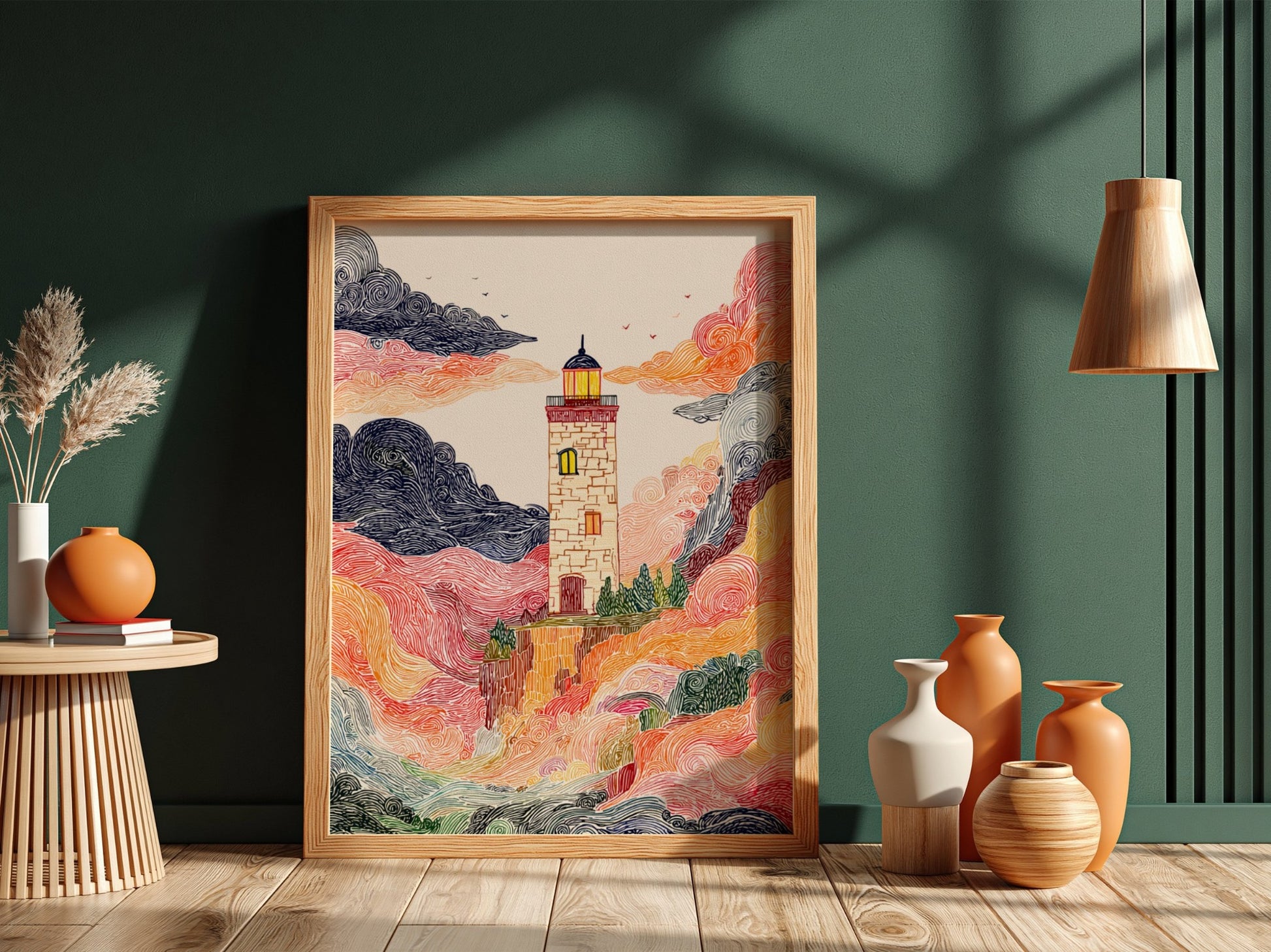 Cliffside Lighthouse poster with swirling colorful clouds and a textured, illustrative style.