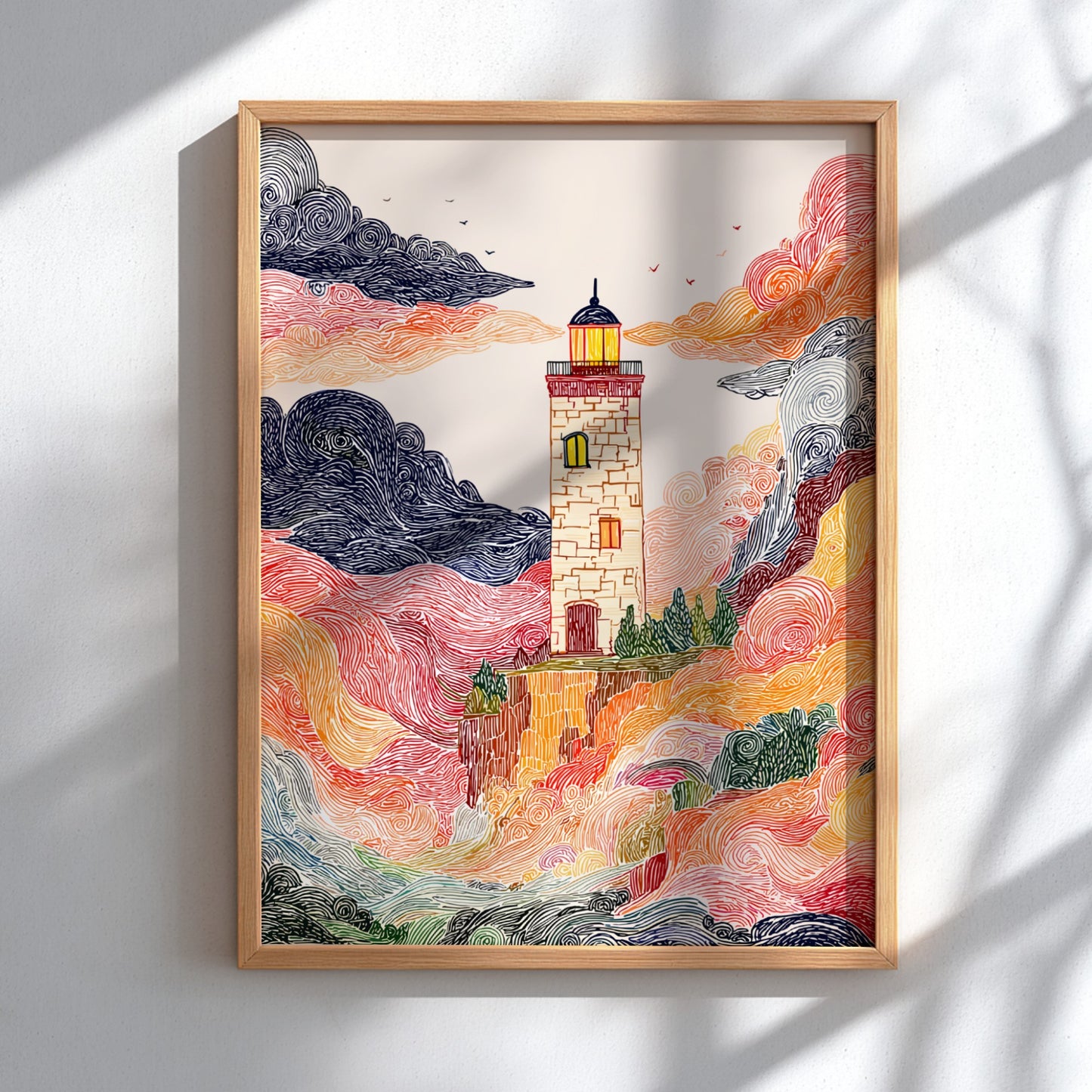 Cliffside Lighthouse poster with swirling colorful clouds and a textured, illustrative style.