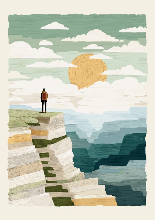 Person standing on a cliff overlooking a landscape with a large sun in the sky.