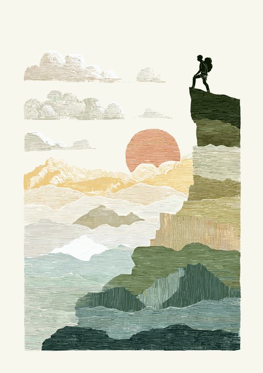 Silhouette of a person on a mountain peak with a scenic landscape.