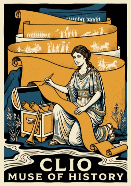 Poster featuring Clio Muse of History writing on a long scroll in gold tones.