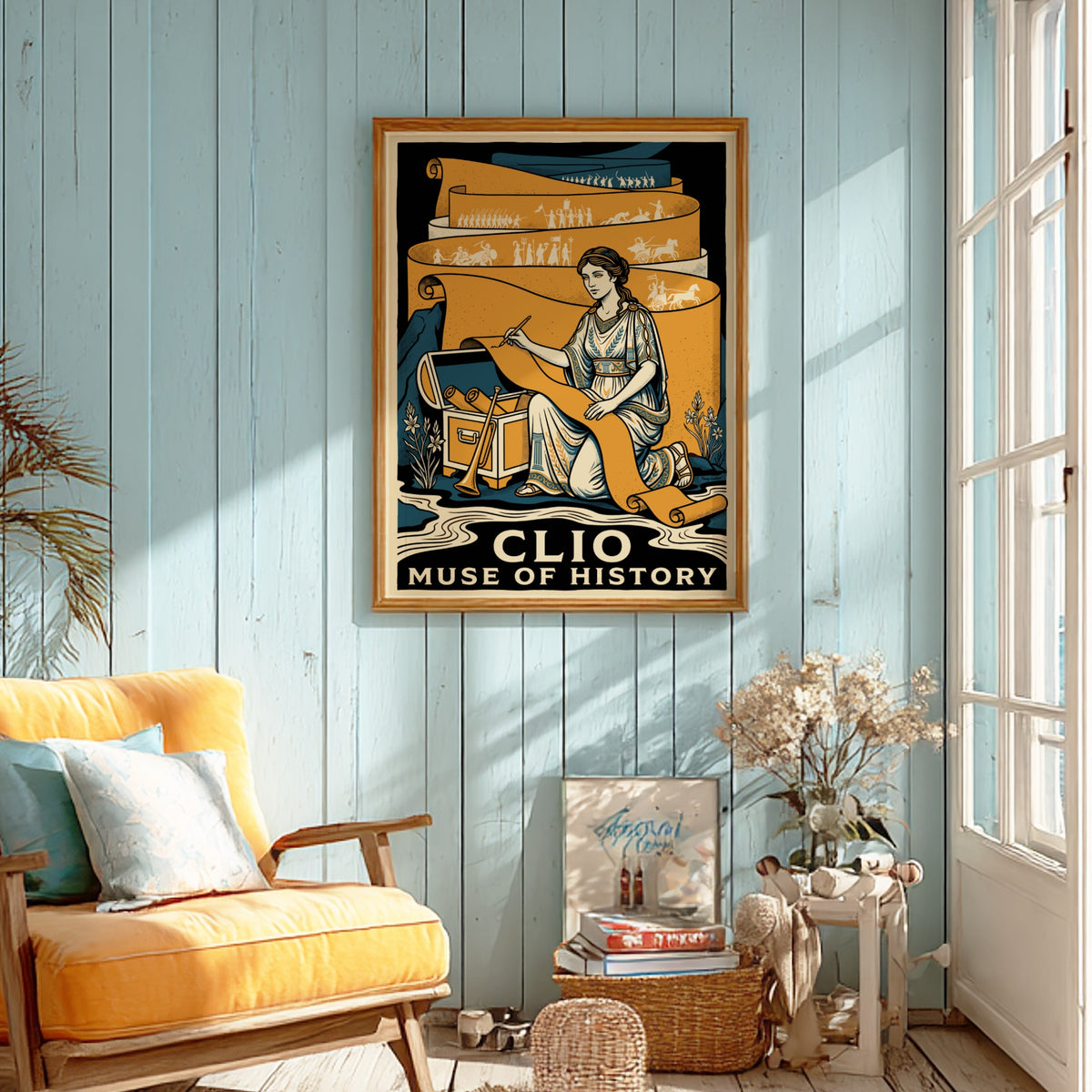 Poster featuring Clio Muse of History writing on a long scroll in gold tones.