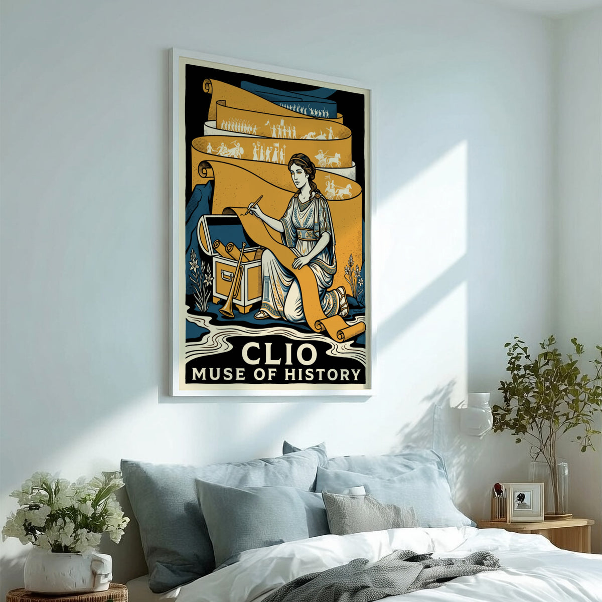 Poster featuring Clio Muse of History writing on a long scroll in gold tones.