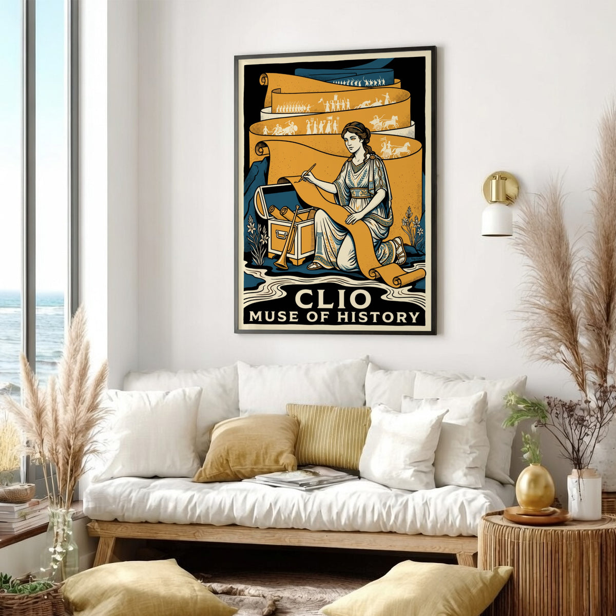 Poster featuring Clio Muse of History writing on a long scroll in gold tones.