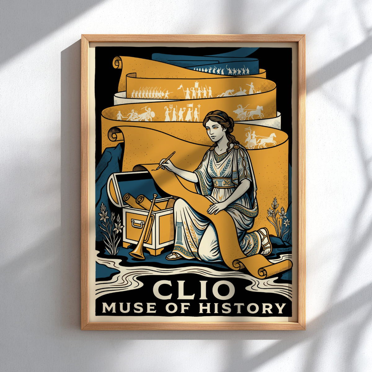 Poster featuring Clio Muse of History writing on a long scroll in gold tones.