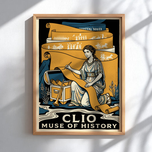 Poster featuring Clio Muse of History writing on a long scroll in gold tones.