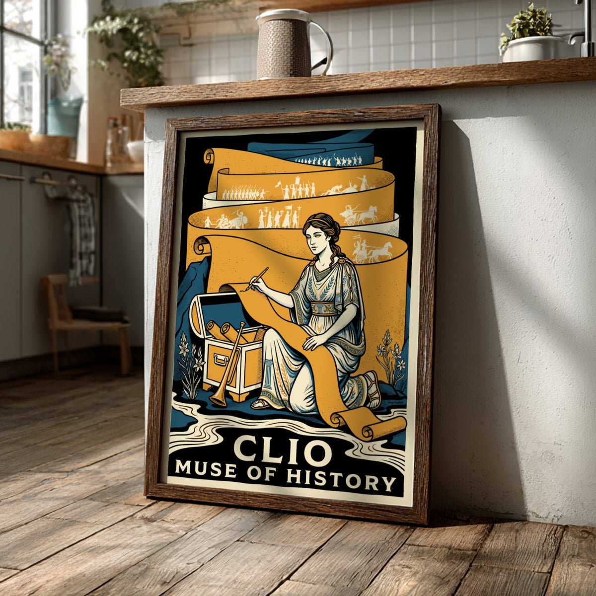 Poster featuring Clio Muse of History writing on a long scroll in gold tones.