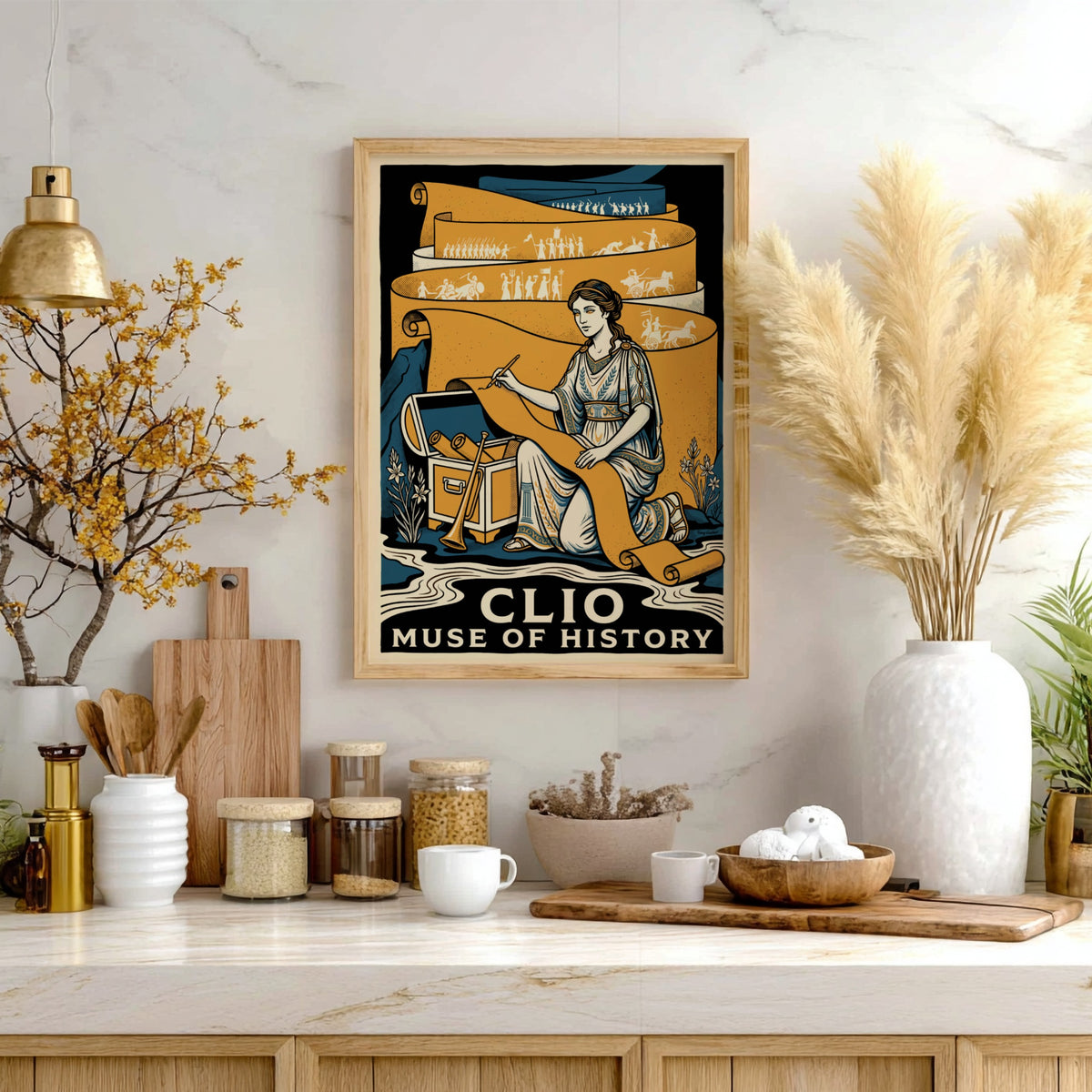 Poster featuring Clio Muse of History writing on a long scroll in gold tones.
