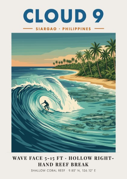 Travel poster of Cloud 9 Siargao with a surfer riding a turquoise wave