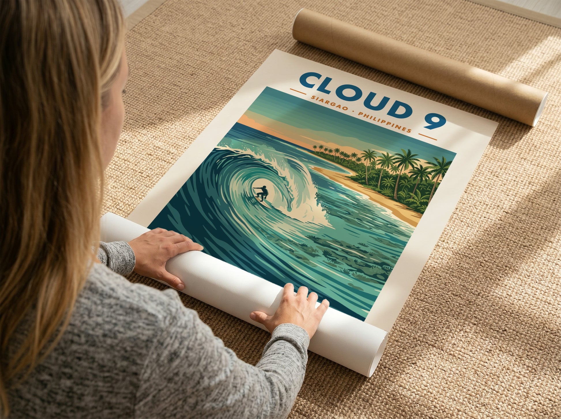 Travel poster of Cloud 9 Siargao with a surfer riding a turquoise wave