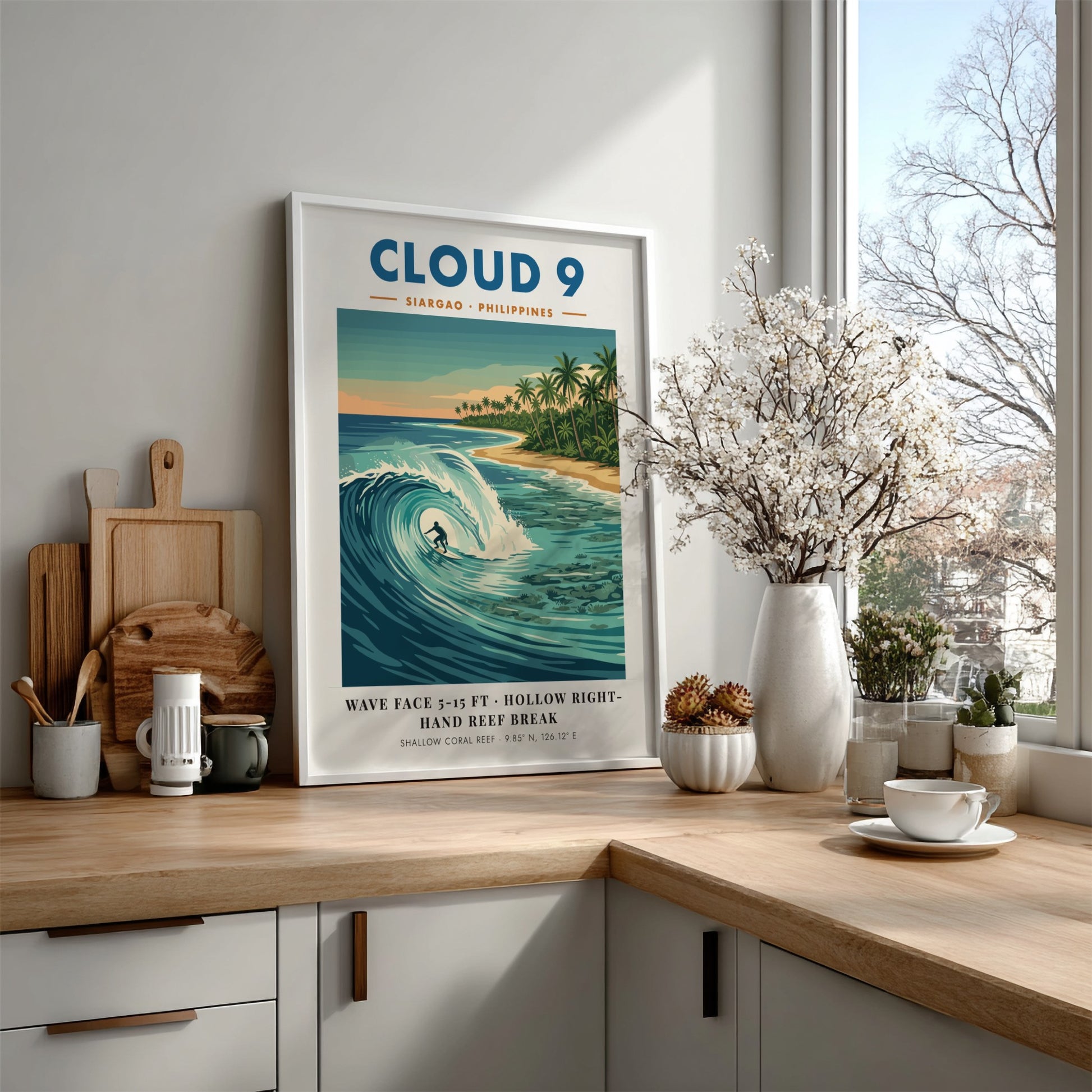 Travel poster of Cloud 9 Siargao with a surfer riding a turquoise wave