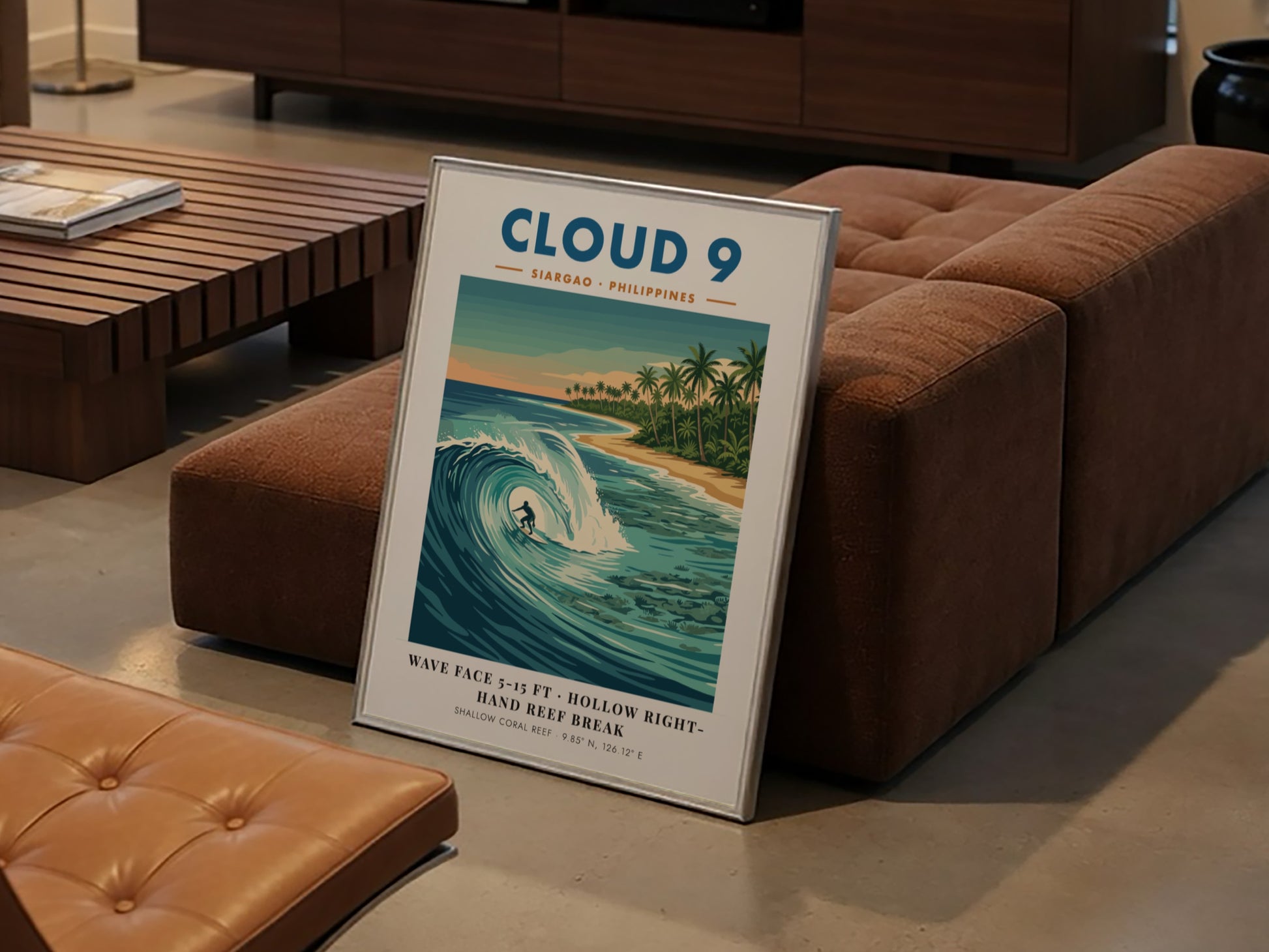Travel poster of Cloud 9 Siargao with a surfer riding a turquoise wave