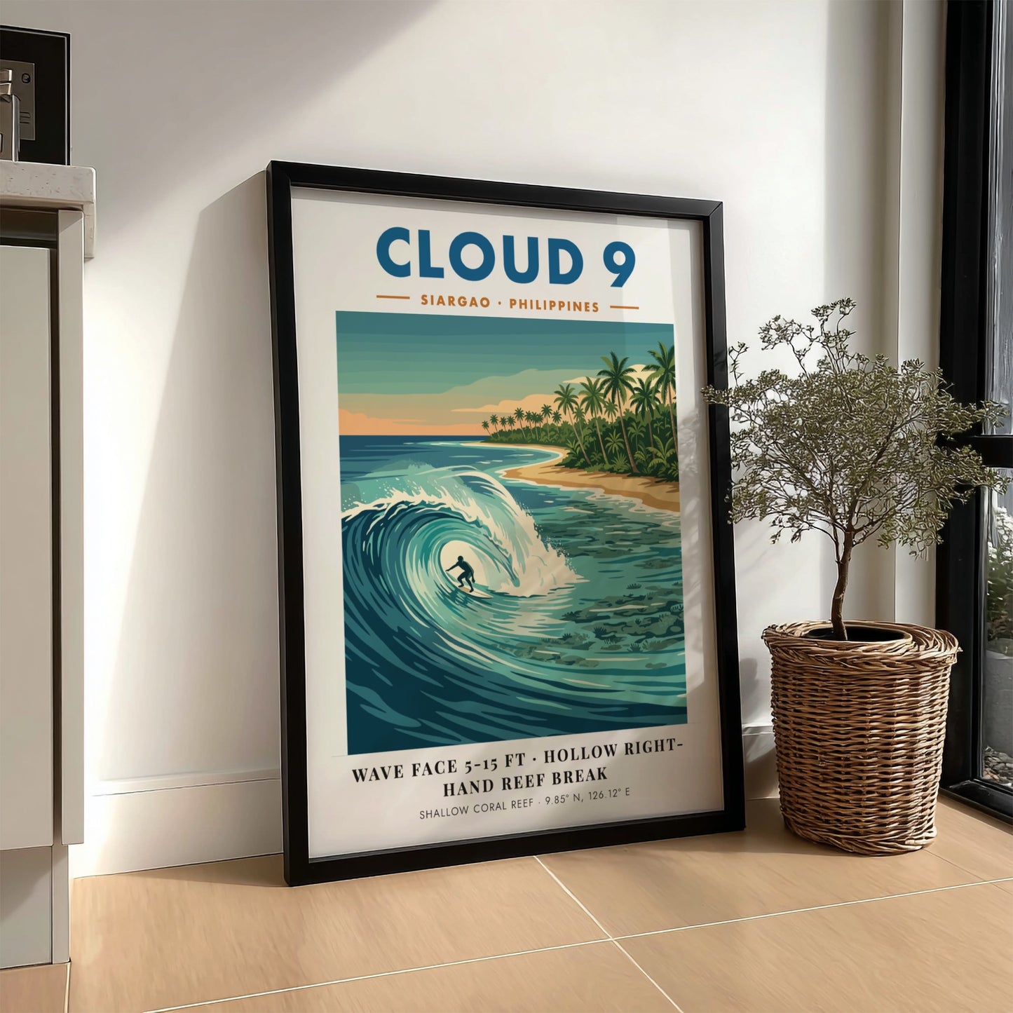 Travel poster of Cloud 9 Siargao with a surfer riding a turquoise wave