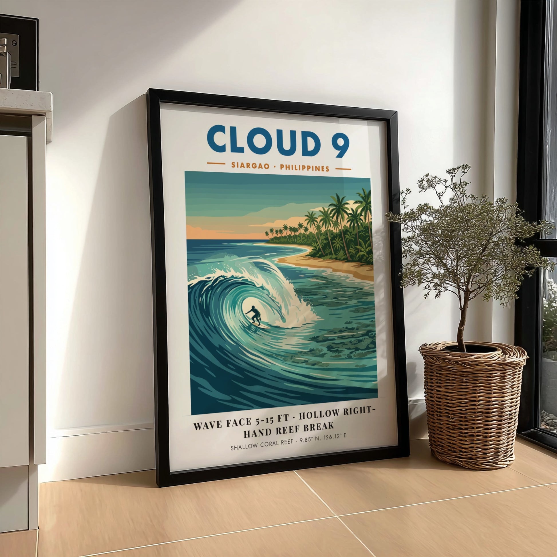 Travel poster of Cloud 9 Siargao with a surfer riding a turquoise wave