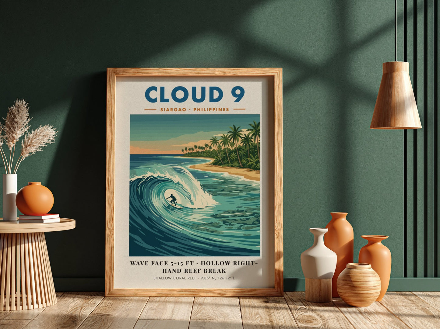 Travel poster of Cloud 9 Siargao with a surfer riding a turquoise wave
