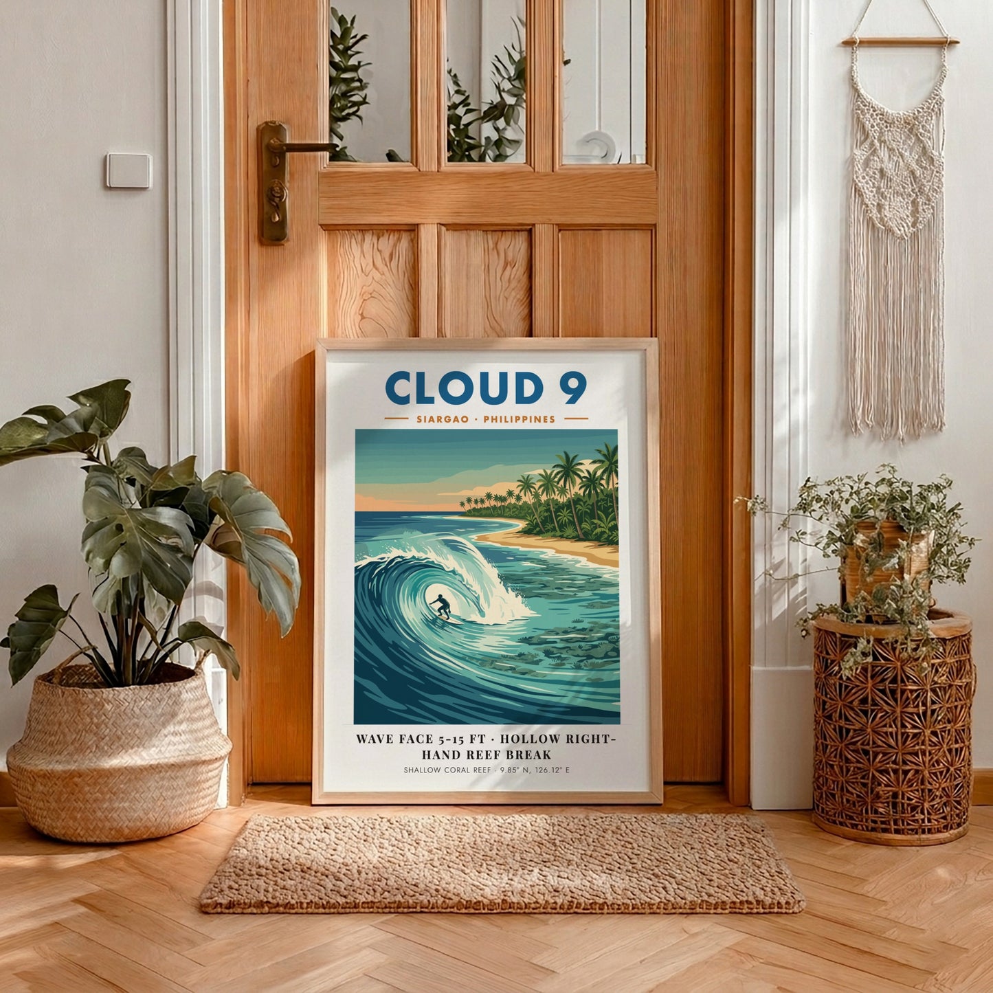 Travel poster of Cloud 9 Siargao with a surfer riding a turquoise wave